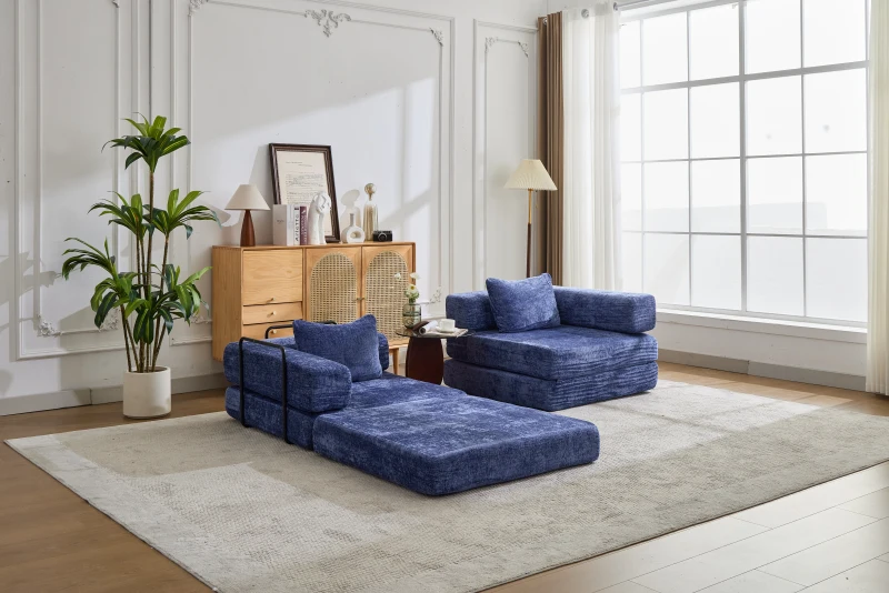 Boden-Schlafsofa, klappbar und modular, Chenille, 200x100x63 cm, Dunkelblau