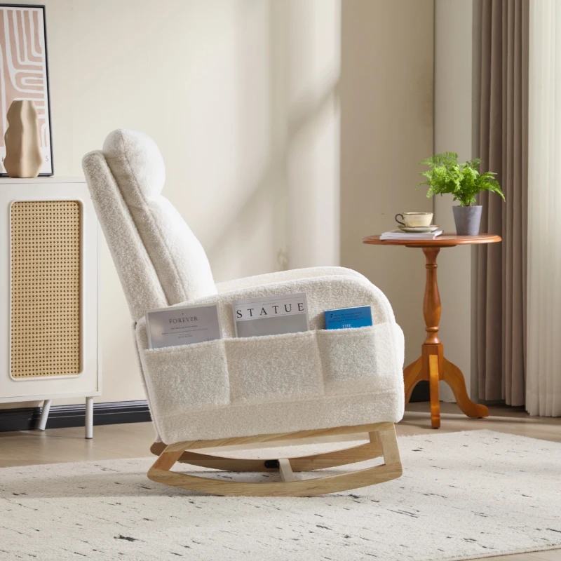 Fauteuil à bascule d’allaitement, dossier haut, tissu teddy, poche latérale, repose-pieds, base en bois courbé, Blanc