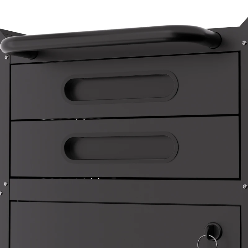 Armoire à outils mobile étroite en métal, porte verrouillable, 2 tiroirs et roulettes pivotantes, Noir