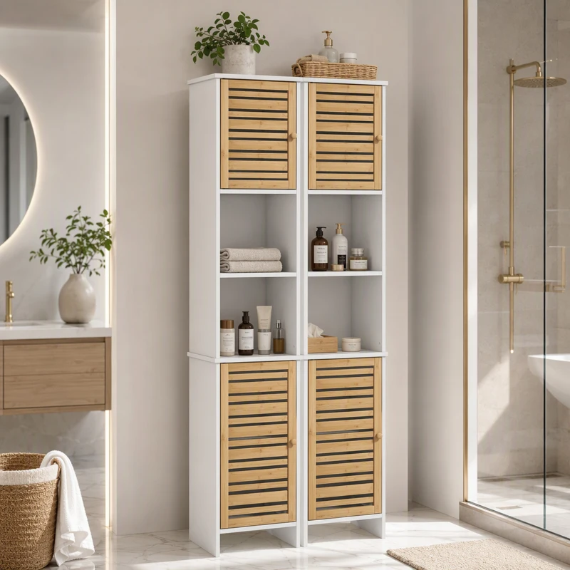 HOMCOM Coluna Casa de Banho Móvel Auxiliar Casa de Banho com Prateleiras Ajustáveis e Portas de Bambu 35x30x170 cm Branco e Madeira