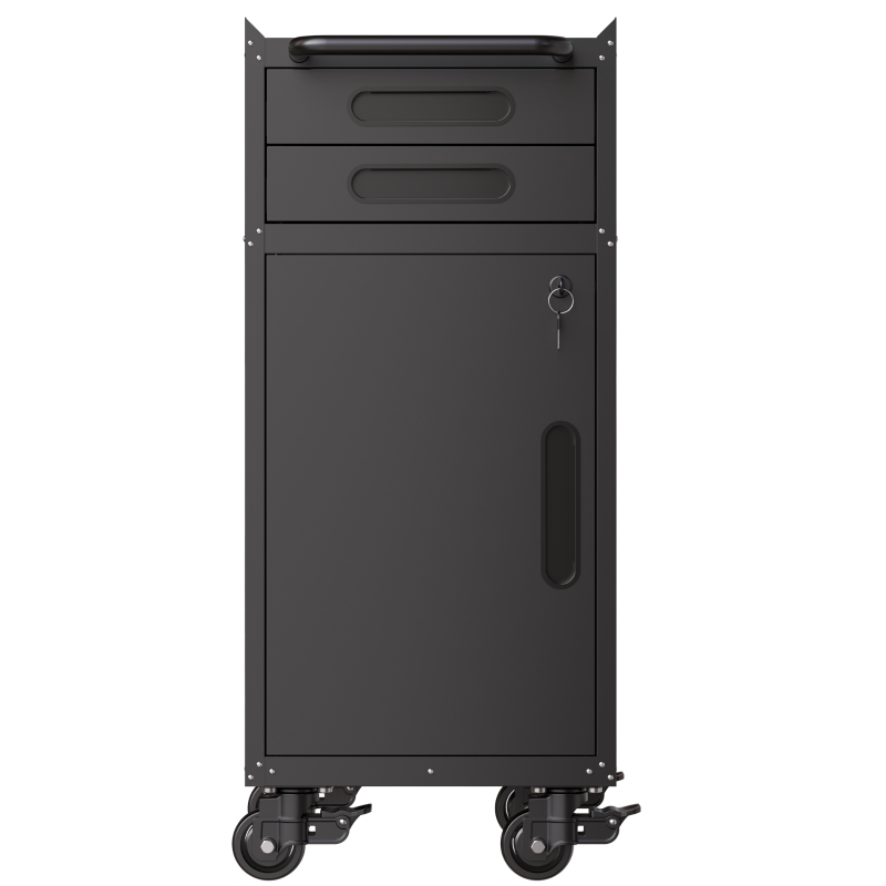 Armoire à outils mobile étroite en métal, porte verrouillable, 2 tiroirs et roulettes pivotantes, Noir