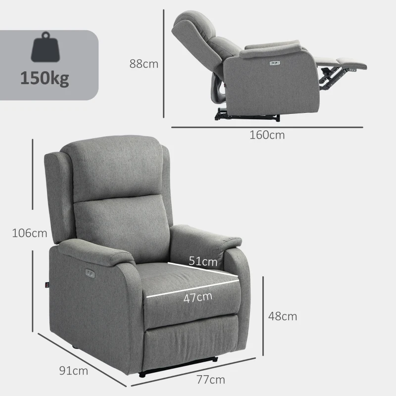 HOMCOM Poltrona Relax Elettrica Reclinabile 150° con Poggiapiedi in Tessuto e Presa USB, Grigio Scuro