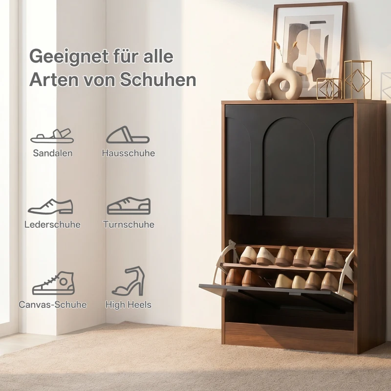 Schuhschrank mit 2 Klappen, schmale Bauform, modernes Skandi-Design, verstellbare Trennwände, Schwarz