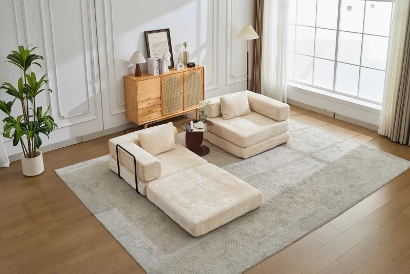 Wandelbares modulares Boden-Schlafsofa aus Chenille, klappbare Sofa- und Matratzenfunktion, 200x100x63 cm, Beige