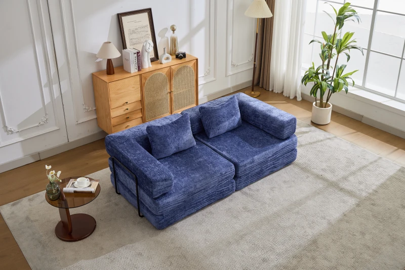 Boden-Schlafsofa, klappbar und modular, Chenille, 200x100x63 cm, Dunkelblau