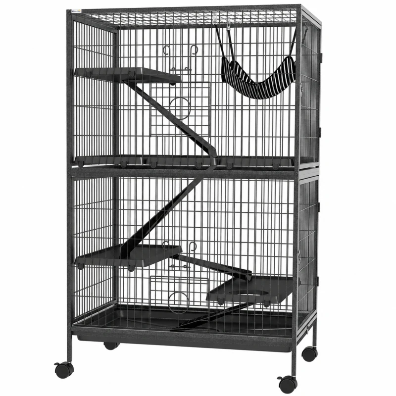 PawHut Jaula para Animales Pequeños con Ruedas Rampas Hamaca y Bandeja Extraíble para Chinchillas Hurones 80x52x128 cm Gris