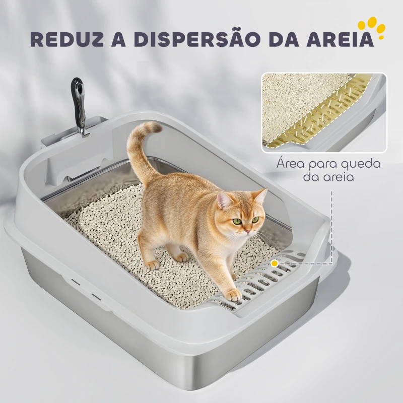 PawHut Caixa de Areia XL para Gatos em Aço Inoxidável com Bordas Altas Pá Fácil de Limpar Antifugas 60,2x40,2x29,7 cm Cinzento