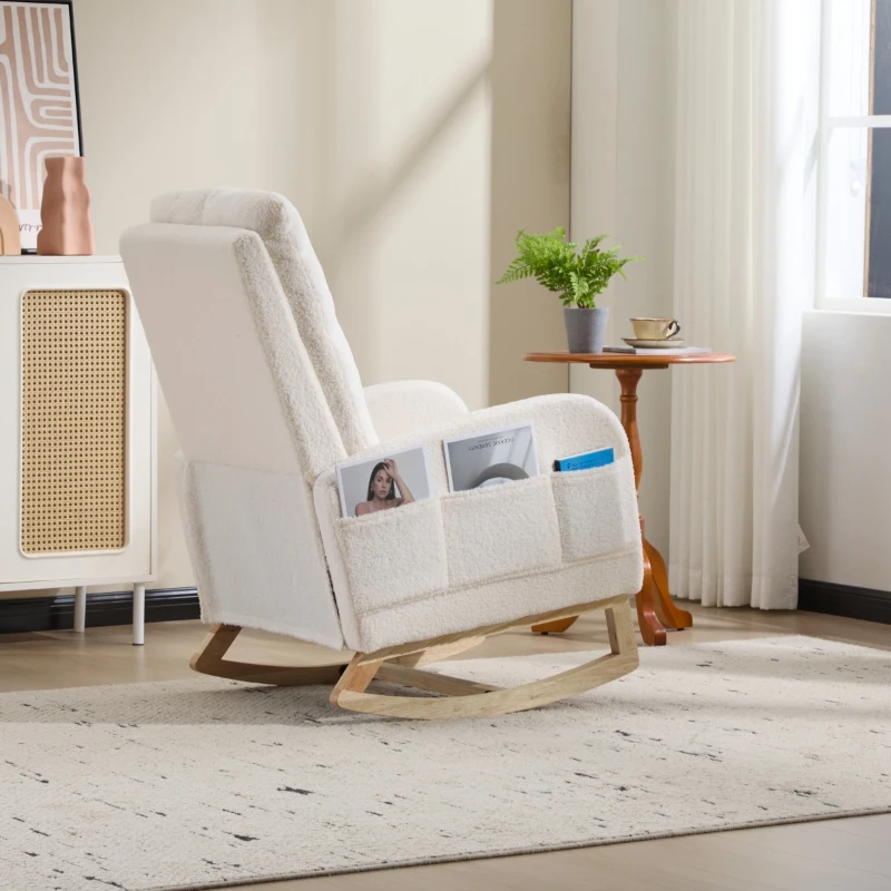 Fauteuil à bascule d’allaitement, dossier haut, tissu teddy, poche latérale, repose-pieds, base en bois courbé, Blanc
