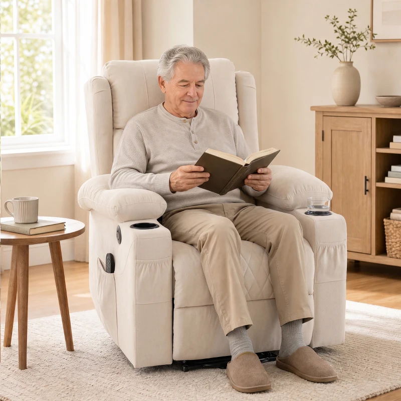 HOMCOM Sillón Relax Reclinable Eléctrico Levanta Personas con 8 Puntos Masaje y Calor Lumbar Puerto USB Mando Reposapiés Crema