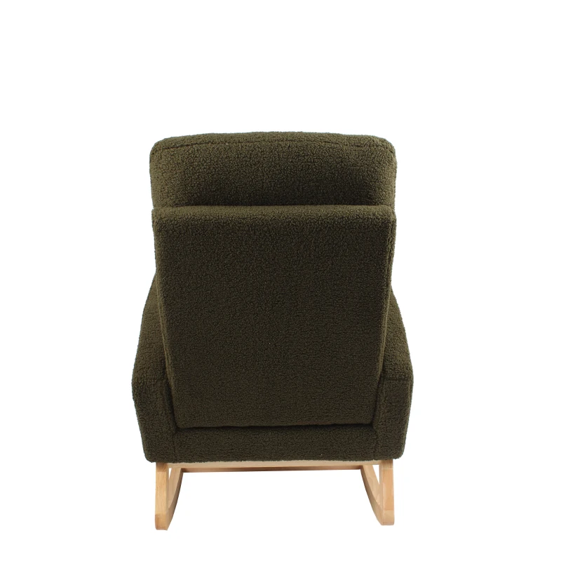 Fauteuil à bascule d’allaitement en tissu teddy, dossier haut ergonomique, base incurvée en bois et poche latérale, Vert