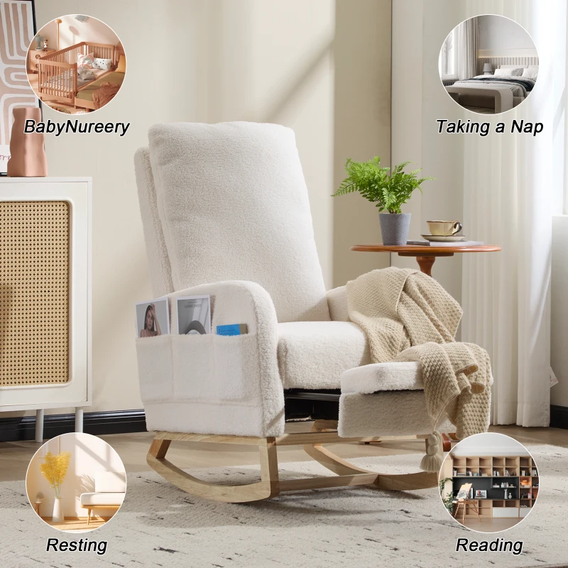 Fauteuil à bascule d’allaitement, dossier haut, tissu teddy, poche latérale, repose-pieds, base en bois courbé, Blanc