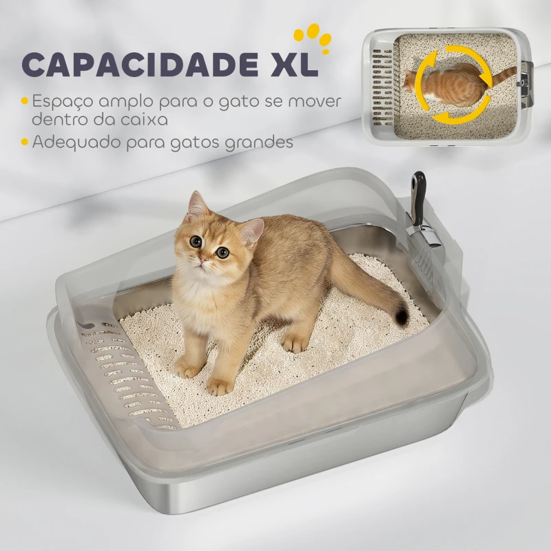 PawHut Caixa de Areia XL para Gatos em Aço Inoxidável com Bordas Altas Pá Fácil de Limpar Antifugas 60,2x40,2x29,7 cm Cinzento