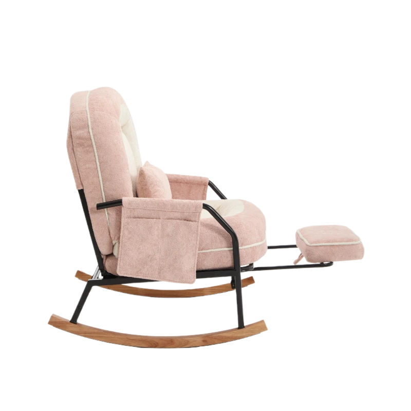 Fauteuil à bascule grand format, dossier réglable et repose-pieds escamotable, poches latérales, coussin rembourré, intérieur et extérieur, Rose