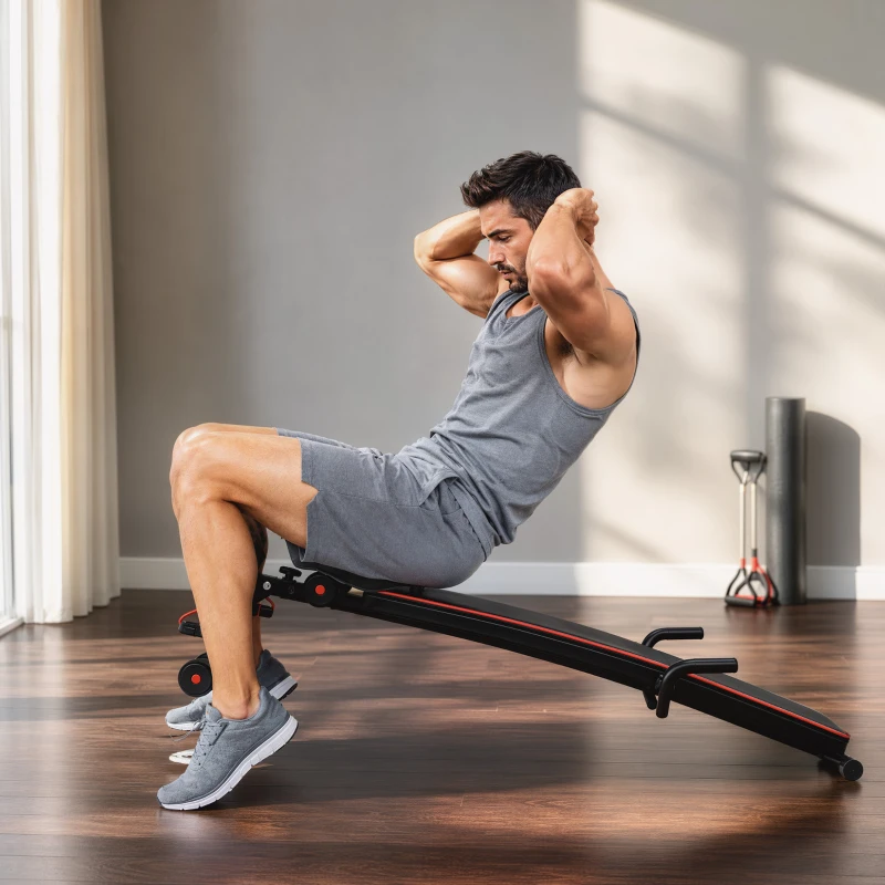 HOMCOM Banc de musculation appareil à abdo hauteur réglable 137,5L x 55,5l x 50-68H cm 2 bandes de résistances + ressort central traction acier noir rouge