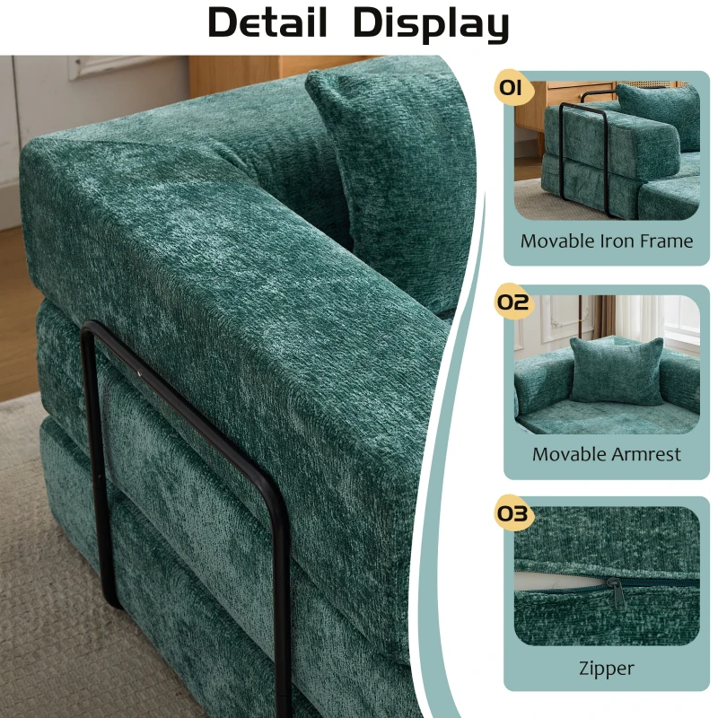 Wandelbares Bodenschlafsofa, modulares Design, Chenillebezug, ohne Montage, 200x100x63 cm, Dunkelgrün