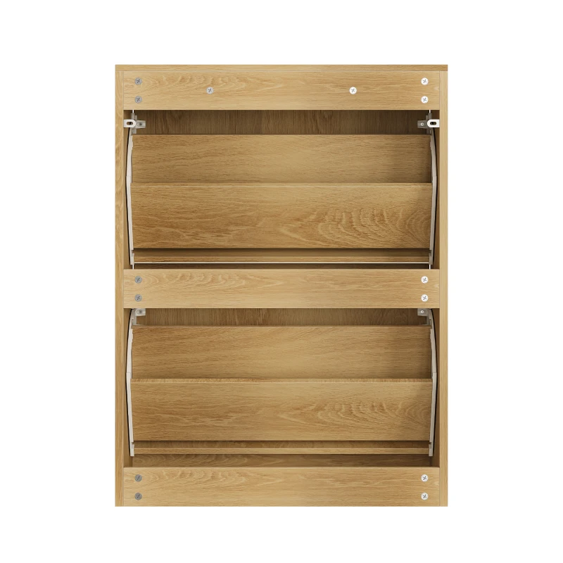 Schuhschrank mit 2 Kippfächern, verstellbaren Einlegeböden, Staubschutz und Kippschutz, 60 x 24 x 80 cm, Eiche