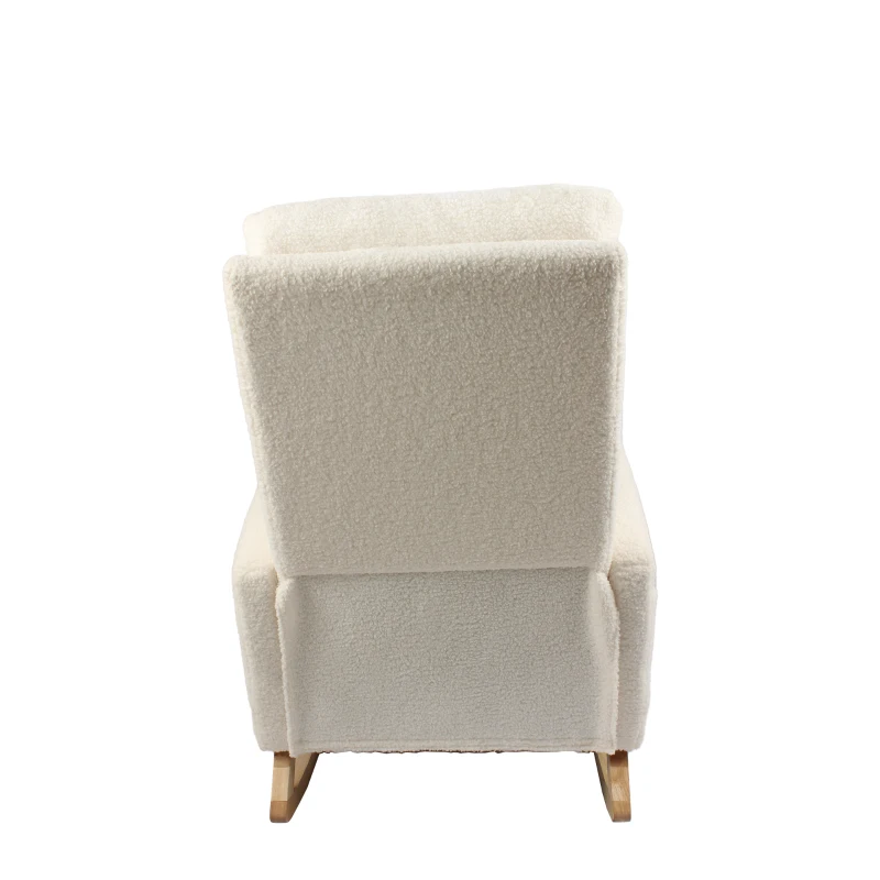 Fauteuil à bascule d’allaitement, dossier haut, tissu teddy, poche latérale, repose-pieds, base en bois courbé, Blanc
