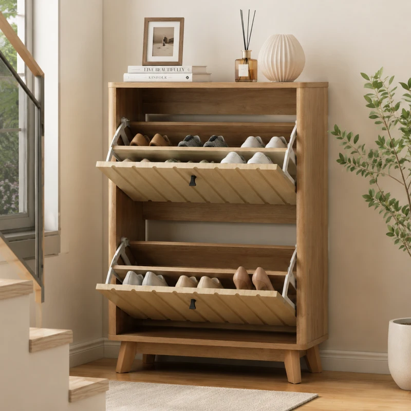 Schuhschrank mit Kippschutz und Doppeltüren, 60x24x94 cm, Eiche