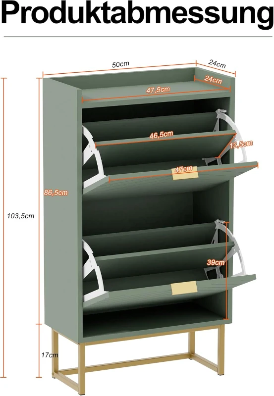 Schuhschrank mit 2 Klappen, schmal, mit Kippschutz und verstellbaren Trennwänden, 50x24x103,5 cm, Grün