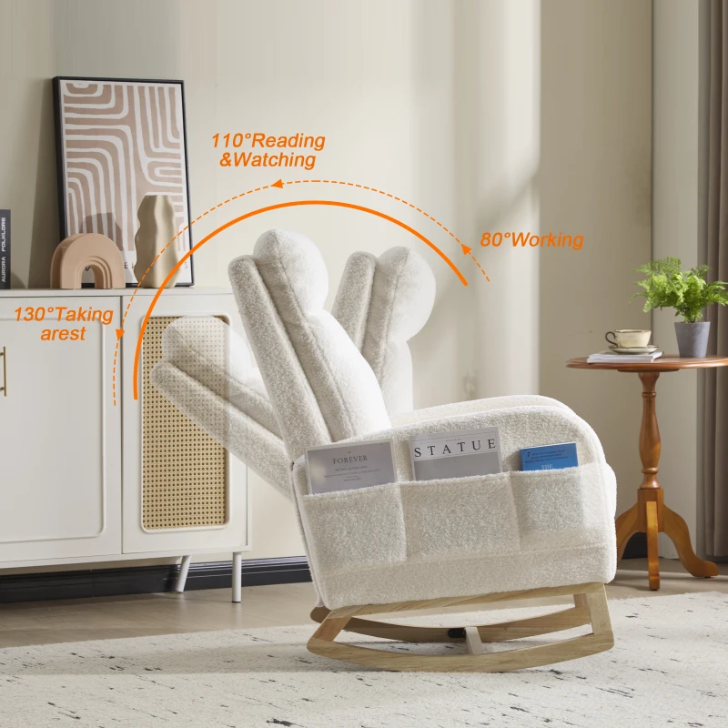 Fauteuil à bascule d’allaitement, dossier haut, tissu teddy, poche latérale, repose-pieds, base en bois courbé, Blanc
