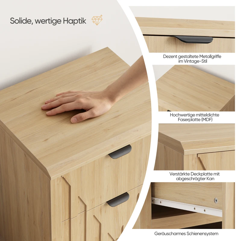 Nachttisch in Eichenoptik mit Schublade, 3D-Riffelung und Metallgriffen, Mid-Century-Modern-Stil, Eiche