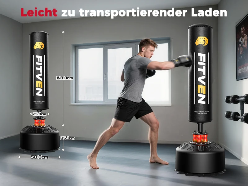 Freistehender Boxsack, für Boxen, Kickboxen, Muay Thai und MMA, Saugnapf-Basis, inklusive Boxhandschuhe, Schwarz