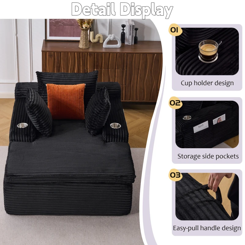 Boden-Schlafsofa mit Chaise-Lounge, hochdichtem Schaumstoff, ergonomischem Design und 2-in-1-Kissen, 165x112x63 cm, Schwarz