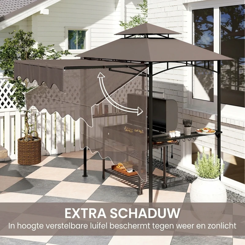 Outsunny Grillpaviljoen 242x149x248 cm Waterafstotend Vlamvertragend Tuinpaviljoen met Dubbellagig Dak Koffie