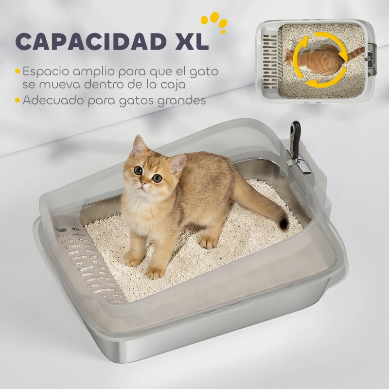 PawHut Arenero para Gatos de Acero Inoxidable XL con Borde Alto Pala Fácil de Limpiar Prueba de Fugas 60,2x40,2x29,7 cm Gris