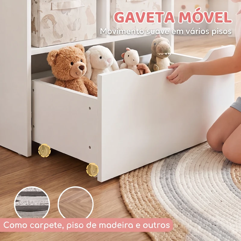 HOMCOM Estante de Madeira para Brinquedos com 3 Compartimentos 2 Cubos e Gaveta Móvel com 4 Rodas Estante para Livros Infantil para Dormitório Infantil Sala de Jogos 60x29,9x90cm Branco