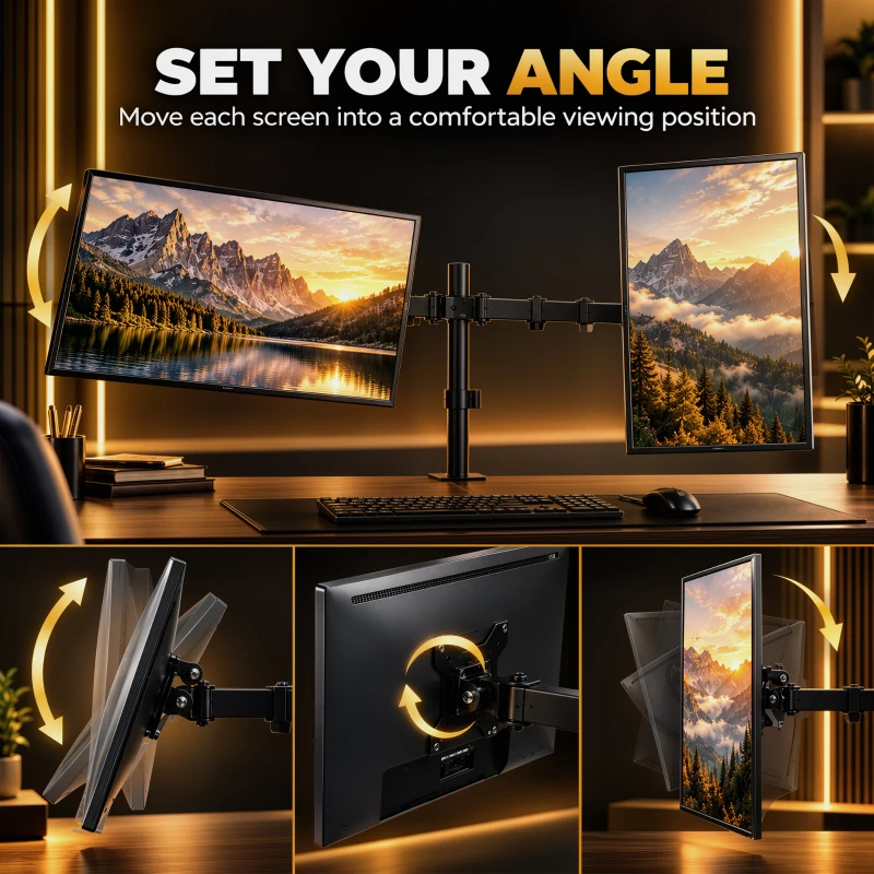 HOMCOM Dual Monitor Stand for 2 Screens up to 32", Height Adjustable Monitor Riser with Tilt, Swivel & 360° Rotation