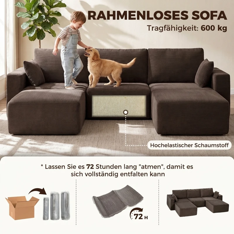 HOMCOM Sofa modułowa U 287 cm, bezramowa, szerokie i głębokie siedzisko, sztruks, pianka High Density, bez montażu, khaki