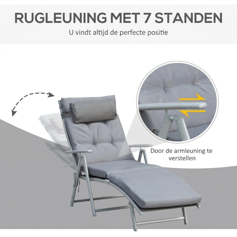 Outsunny Ligbank strandstoel ligbank verstelbaar 7-traps verstelbaar inklapbaar metaal grijs