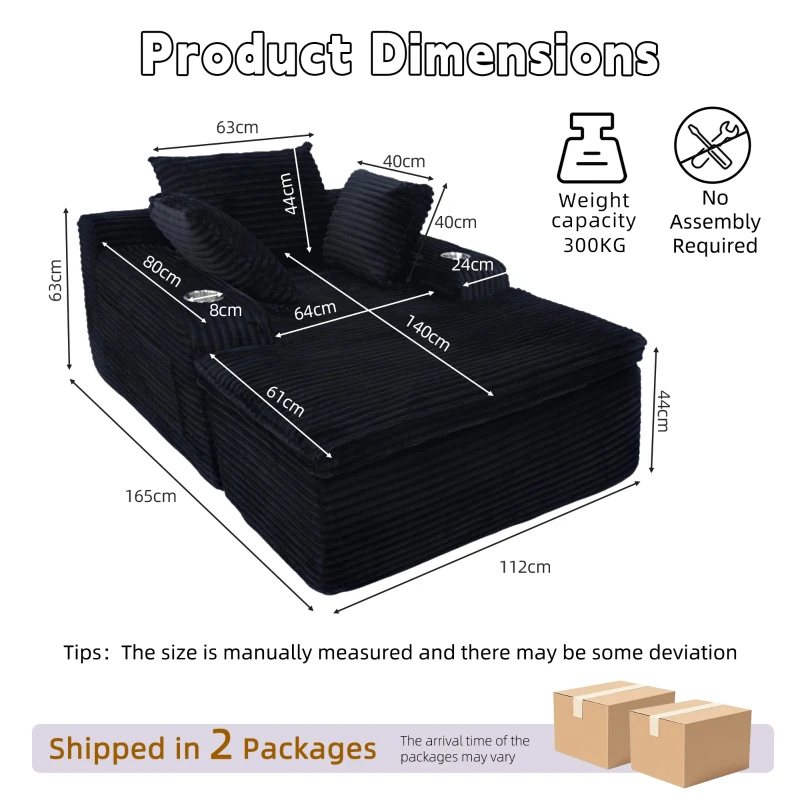 Boden-Schlafsofa mit Chaise-Lounge, hochdichtem Schaumstoff, ergonomischem Design und 2-in-1-Kissen, 165x112x63 cm, Schwarz