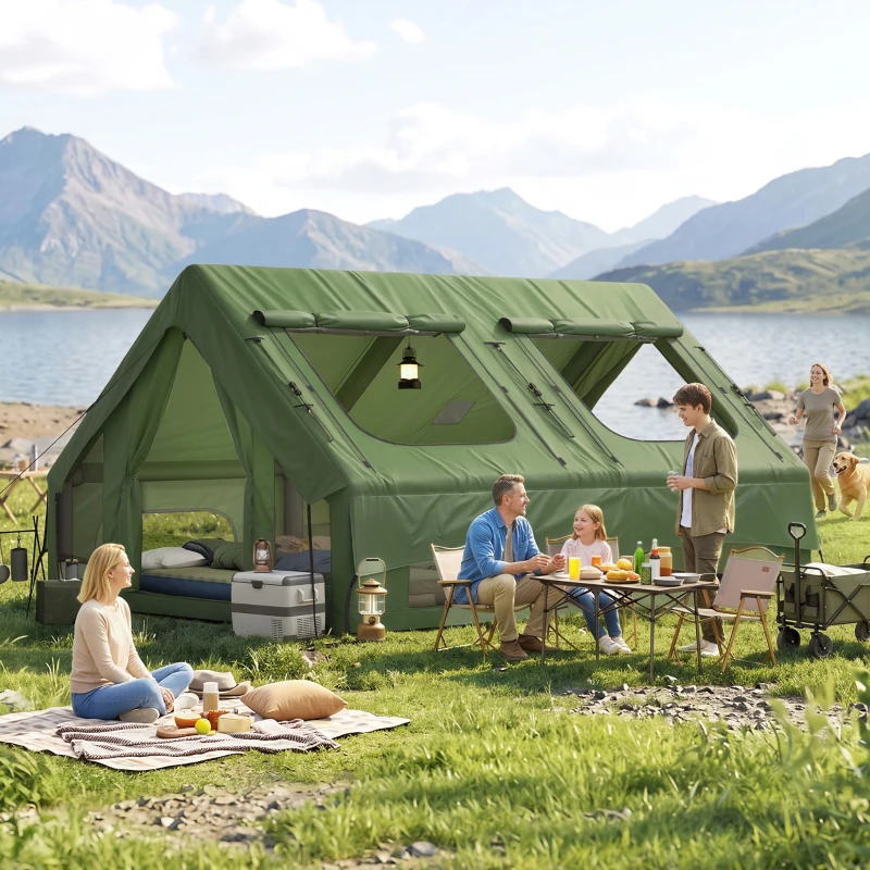 Outsunny Opblaasbare Tent 8-10 Personen Snelle Opzet 4-Seizoenen Waterdicht Krasbestendig Tent met Kachelopening Dakramen