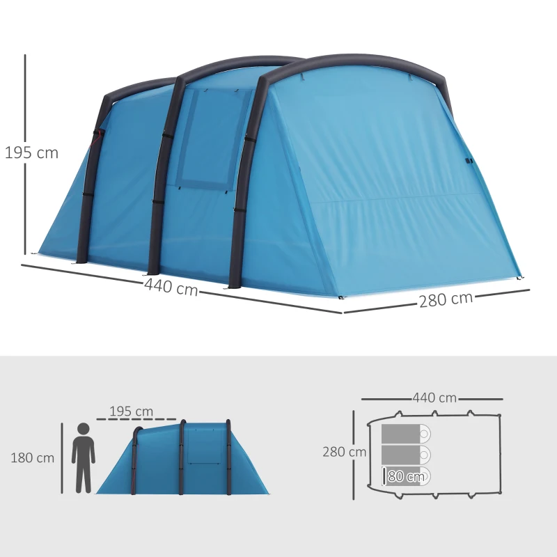 Outsunny Tenda de Campismo Inflável Familiar para 3-4 Pessoas Janelas de Malha e Bolsa de Transporte Proteção UV 50+ 440x280x195 cm Azul