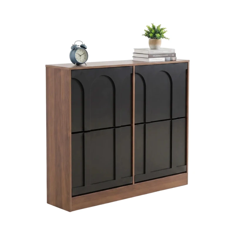 Schuhschrank mit 4 Klappen, schmal, modernes Skandi-Design, verstellbare Trennwände, Schwarz