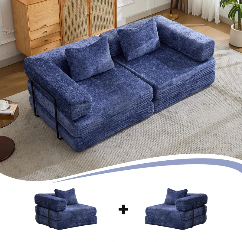 Boden-Schlafsofa, klappbar und modular, Chenille, 200x100x63 cm, Dunkelblau