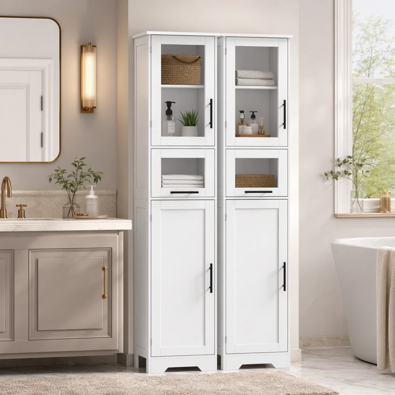 HOMCOM Columna de Baño con Puerta de Vidrio Estantes Ajustables Cajón para Espacios Pequeños 40x31x170 cm Blanco