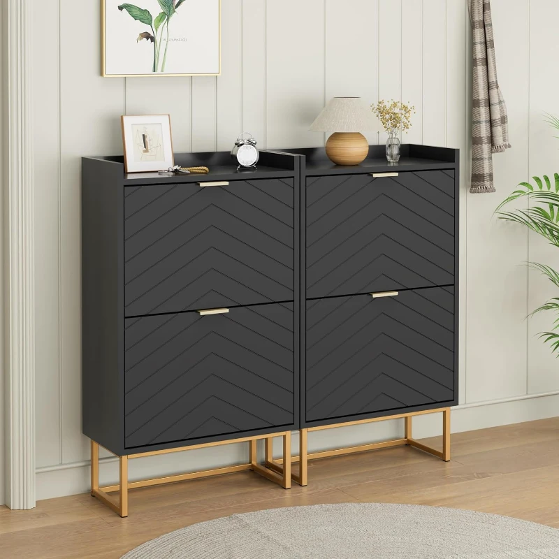 Schuhschrank mit 2 Klappen, schmaler Schuhkipper mit Kippschutz und verstellbaren Trennwänden, 50x24x103,5 cm, Schwarz