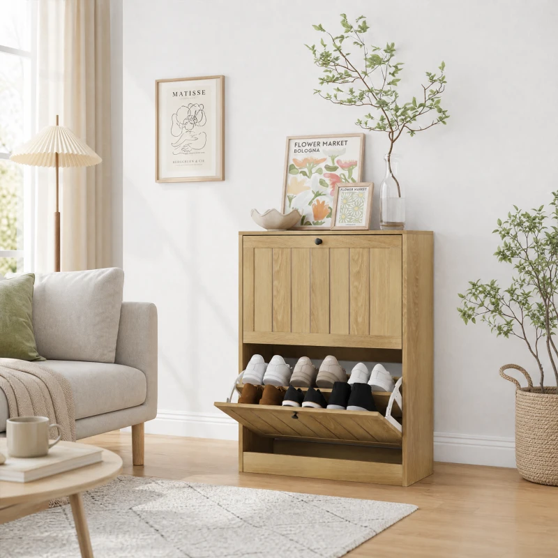 Schuhschrank mit 2 Kippfächern, verstellbaren Einlegeböden, Staubschutz und Kippschutz, 60 x 24 x 80 cm, Eiche
