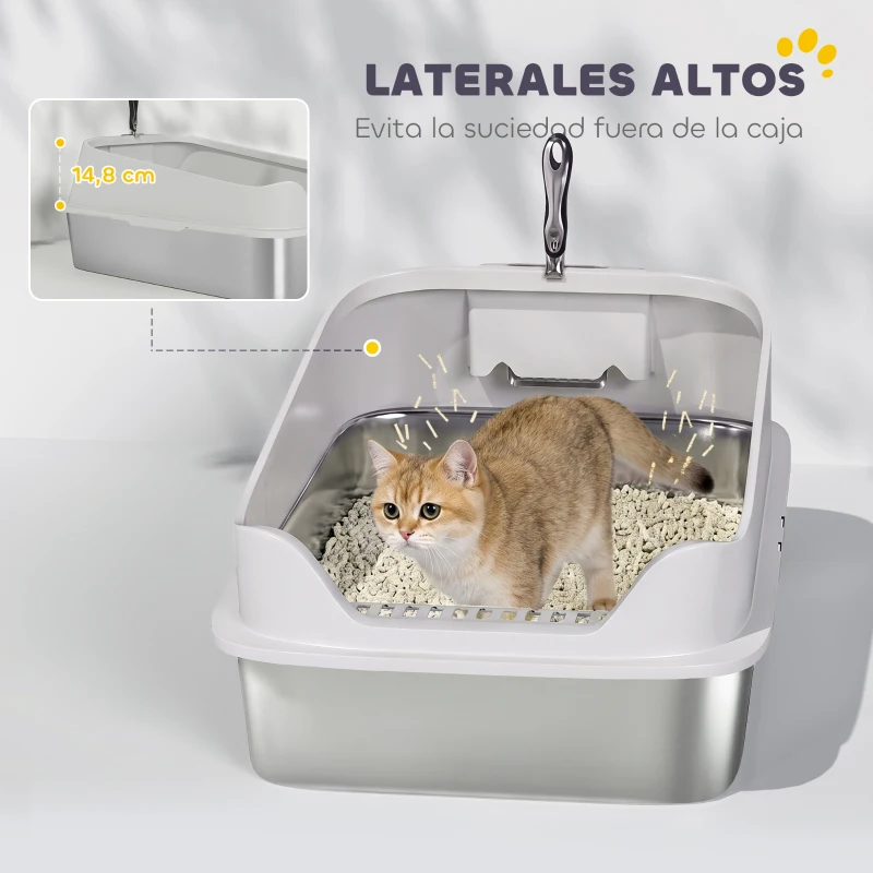 PawHut Arenero para Gatos de Acero Inoxidable XL con Borde Alto Pala Fácil de Limpiar Prueba de Fugas 60,2x40,2x29,7 cm Gris