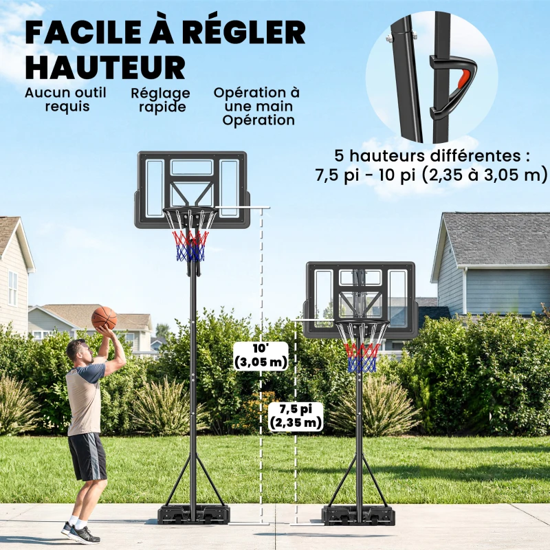 SPORTNOW Panier de Basket Extérieur Portable, Hauteur Réglable 2,35-3,05 m, Base Stable Remplissable, Sac de Poids, Roues, Noir