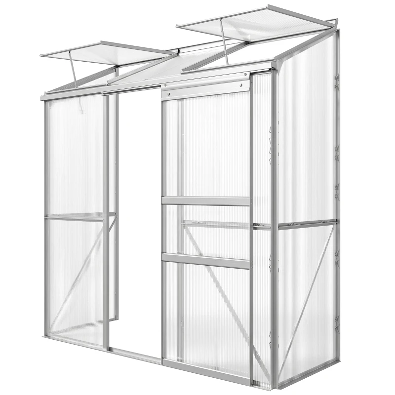 Outsunny Anlehngewächshaus, Schiebetür, Dachfenster, Polycarbonat+Aluminium, Farbe: Silber, 192 x 68 x 196 cm