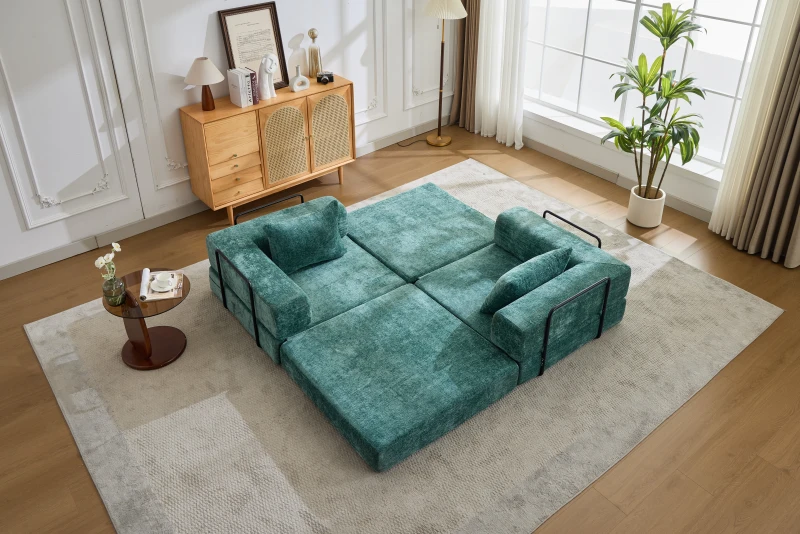 Wandelbares Bodenschlafsofa, modulares Design, Chenillebezug, ohne Montage, 200x100x63 cm, Dunkelgrün