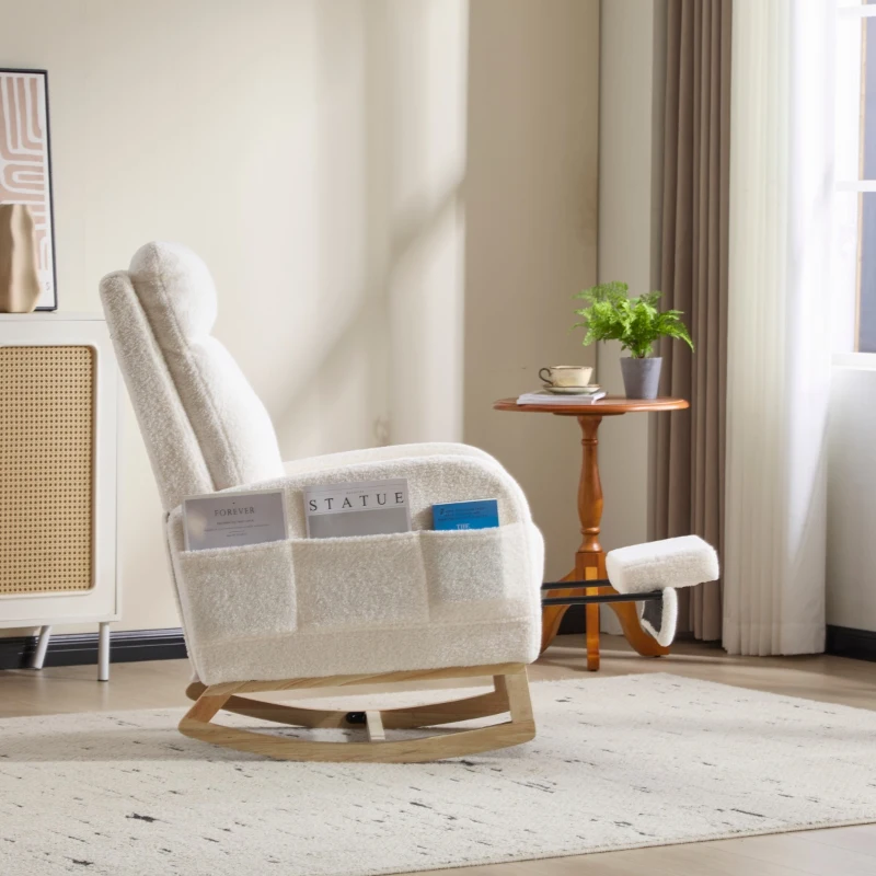 Fauteuil à bascule d’allaitement, dossier haut, tissu teddy, poche latérale, repose-pieds, base en bois courbé, Blanc