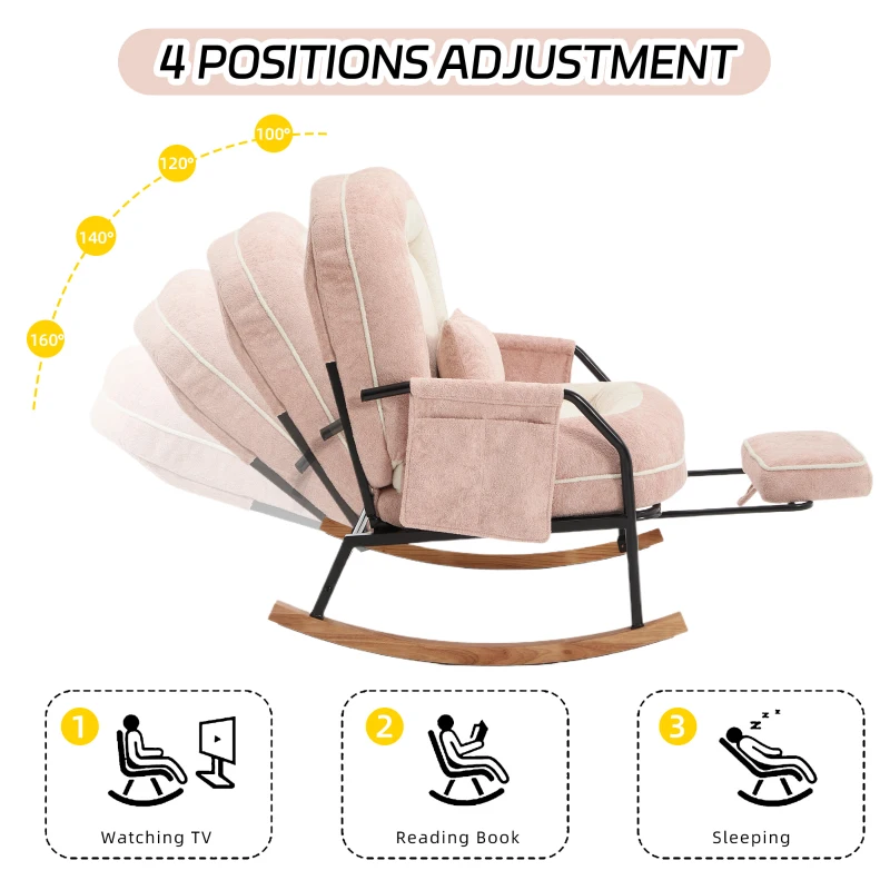 Fauteuil à bascule grand format, dossier réglable et repose-pieds escamotable, poches latérales, coussin rembourré, intérieur et extérieur, Rose