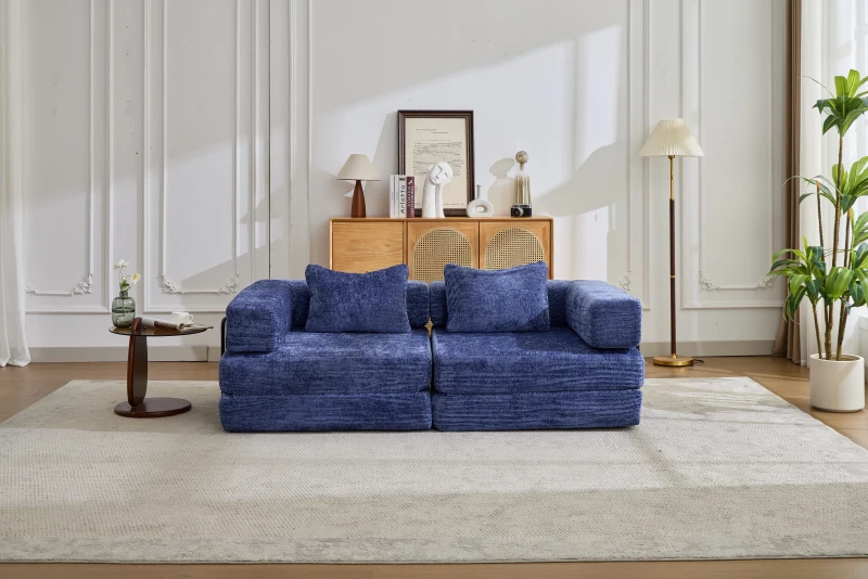 Boden-Schlafsofa, klappbar und modular, Chenille, 200x100x63 cm, Dunkelblau