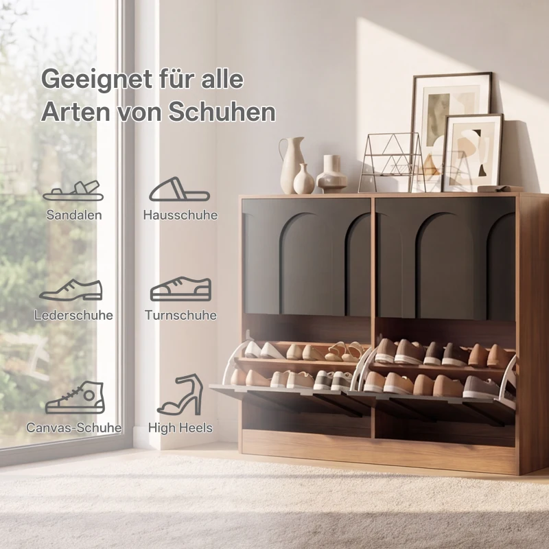 Schuhschrank mit 4 Klappen, schmal, modernes Skandi-Design, verstellbare Trennwände, Schwarz