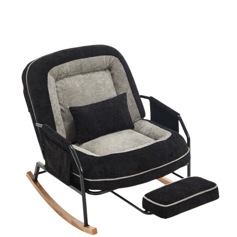 Fauteuil à bascule grand format, dossier réglable, repose-pieds escamotable, coussin rembourré, poches latérales, intérieur et extérieur, Noir+Gris